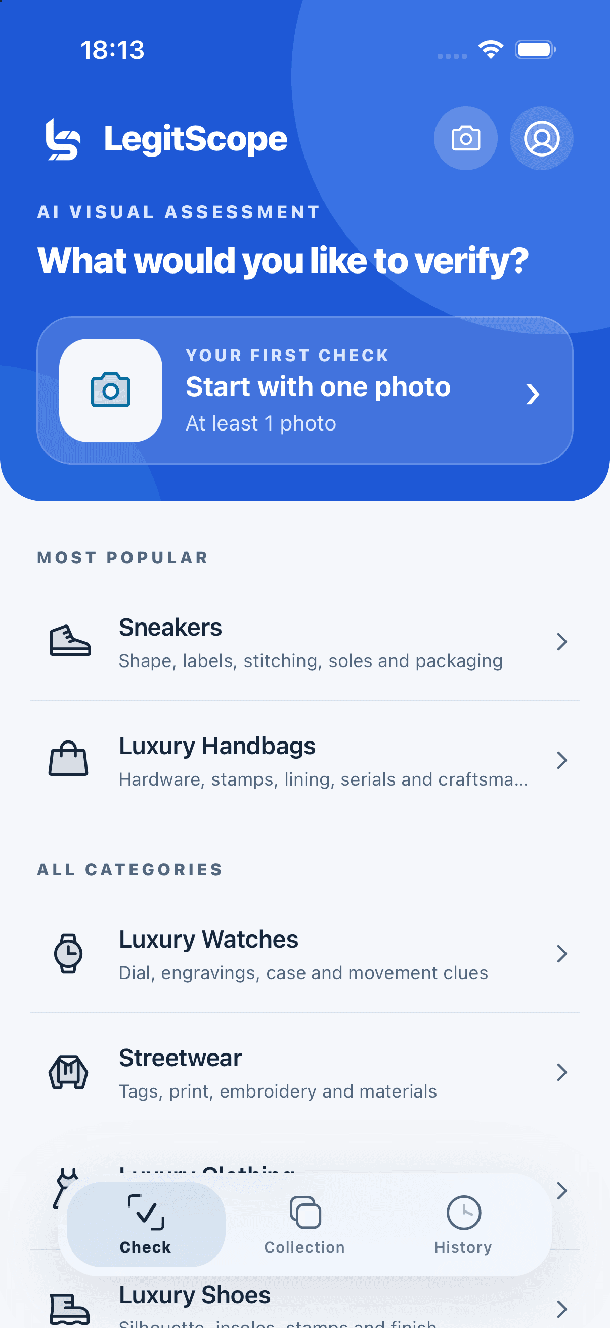 Actual LegitScope iOS home screen with quick camera and product categories